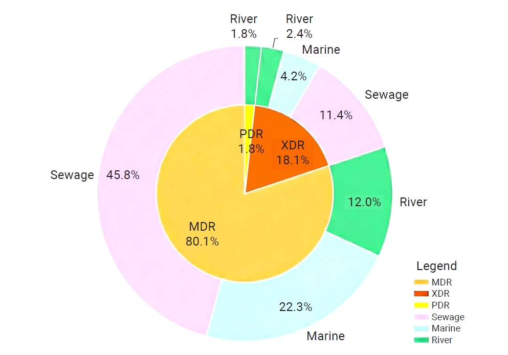 Objectives: This study characterized multidrug-resistant (MDR) bacteria in sewage, river, and marine ecosystems in South Gujarat, India. Methods: Water samples were collected from 25 hospital drainage, sewage treatment/pumping, Tapi River, and coasta
