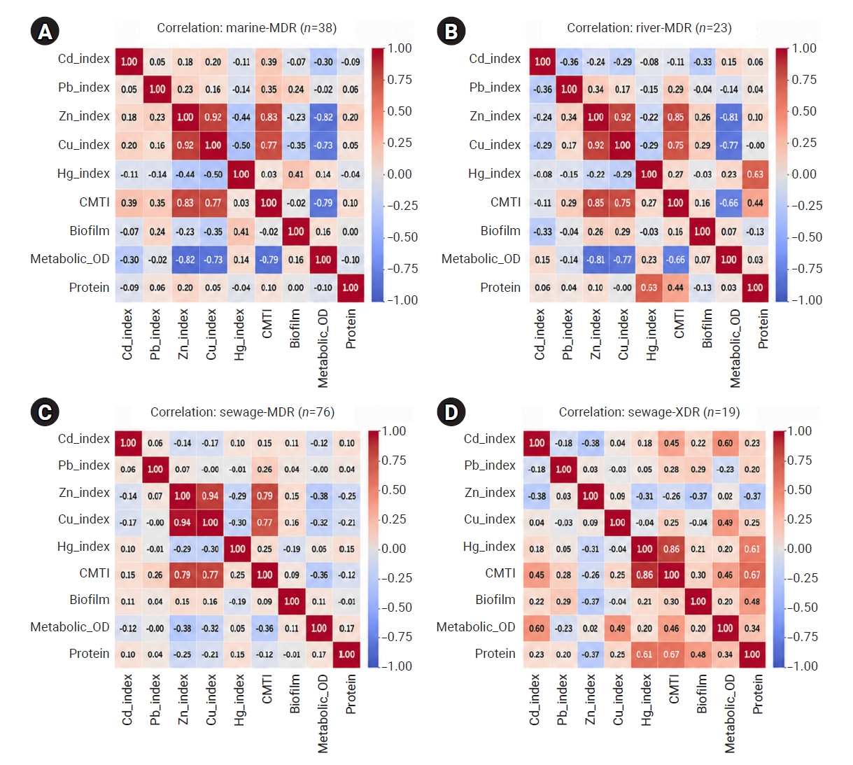 Pearson correlation heatmaps illustrating relationships between heavy metal tolerance indices and physiological parameters in MDR and XDR bacterial isolates. The analysis compares variables across 4 environmental and resistance profiles: (A) marine M